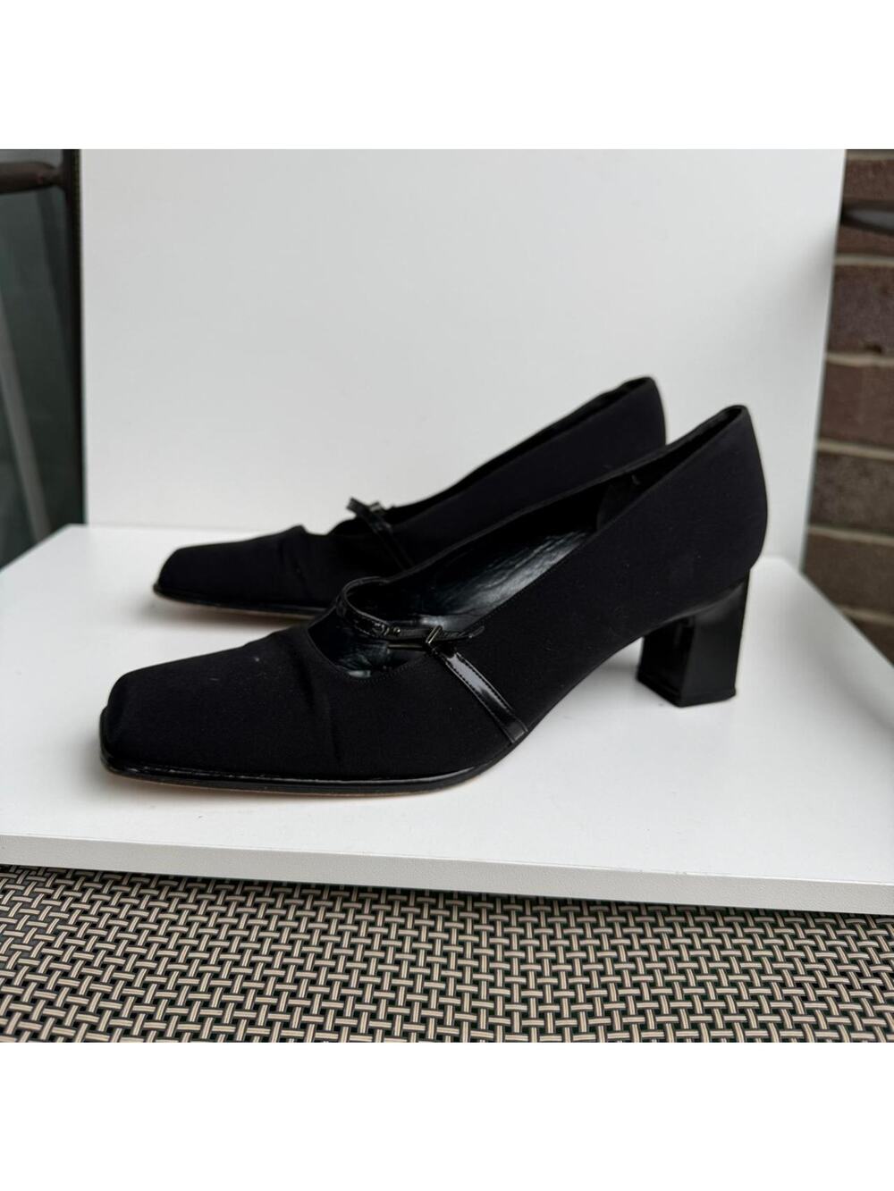 Black fabric stuart weitzman block heeled mary jane’s